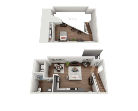 3D floor plan of a modern two-story apartment with an open living, dining, and kitchen area downstairs, plus a bathroom and laundry. Upstairs features a bedroom, desk, and walk-in closet, with a loft area open to below.