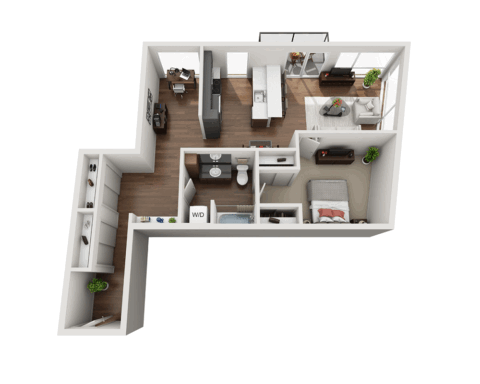 3D floor plan showing a one-bedroom apartment with a kitchen, living room, bathroom, bedroom, office space, laundry area, and closets. The apartment features large windows and wood flooring throughout.