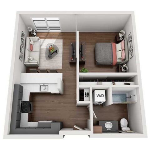 3D floor plan of a one-bedroom apartment with an open living and dining area, L-shaped kitchen, separate bedroom, bathroom, walk-in closet, and washer/dryer closet near the entrance.