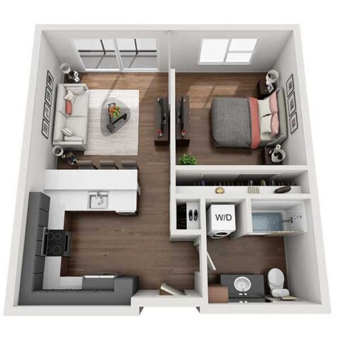3D floor plan of a one-bedroom apartment with a kitchen, living room, bedroom, bathroom, and washer/dryer area. The living room and bedroom have large windows, and furnishings are modern with neutral tones.