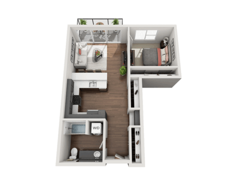 3D floor plan of a modern one-bedroom apartment with an open living room and kitchen, a bedroom, bathroom, walk-in closet, and washer/dryer. Balcony with plants is visible off the living area.