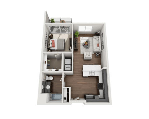 3D floor plan of a one-bedroom apartment with a kitchen, bathroom, laundry area, living room, bedroom, closets, and a small balcony. The living and kitchen areas have wood flooring; the bedroom is carpeted.