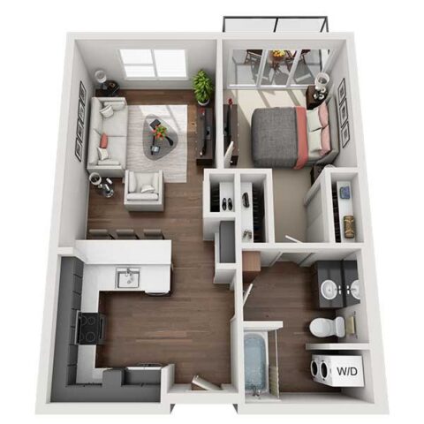 3D floor plan of a one-bedroom apartment featuring a living room, kitchen, bathroom, bedroom with access to a balcony, and a laundry area with washer and dryer. Modern furnishings and wood floors are visible throughout.