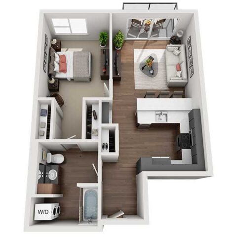 3D floor plan of a one-bedroom apartment featuring a bedroom, bathroom, laundry area, kitchen, and an open living room with access to a balcony. Furniture and appliances are shown throughout the space.
