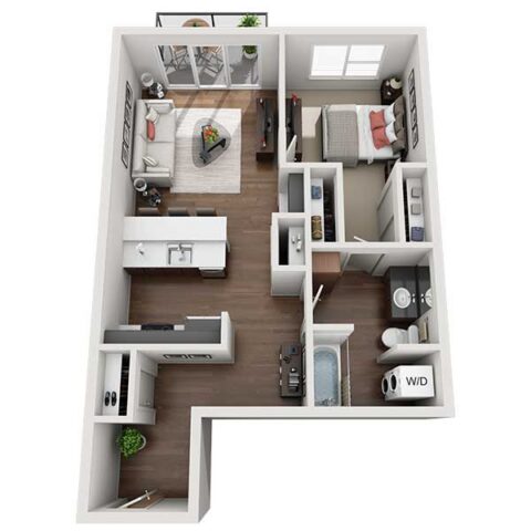 3D floor plan of a one-bedroom apartment featuring a living room, kitchen, bathroom, bedroom, balcony, laundry area with washer and dryer, and closets. The space has wood flooring and modern furnishings.
