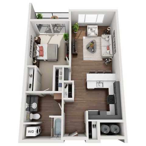 3D floor plan of a one-bedroom apartment featuring a bedroom, bathroom, washer/dryer, kitchen, dining area, and living room with large windows and a balcony with plants.