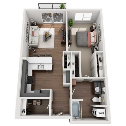 3D floor plan of a one-bedroom apartment with a living room, kitchen, bathroom, laundry area, and balcony. The bedroom has a large window and closet. The open kitchen leads to the living room, which opens to the balcony.
