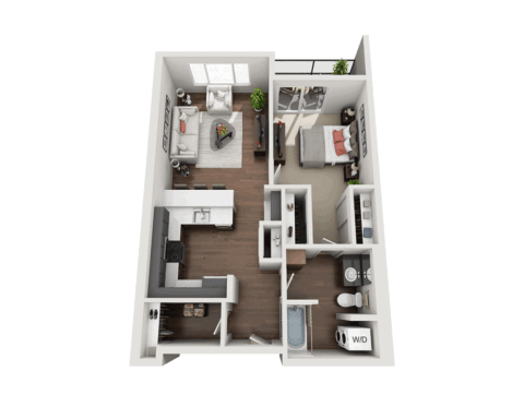 3D floor plan of a modern one-bedroom apartment featuring a living room, kitchen, bedroom, bathroom, laundry area with washer and dryer, and a small balcony. The decor is contemporary with light walls and dark wood floors.