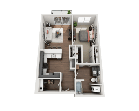3D floor plan of a one-bedroom apartment with a living room, kitchen, bathroom, laundry area, bedroom, and a small balcony. The space features wood flooring and modern furniture.