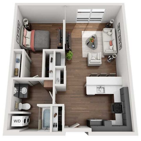 3D floor plan of a one-bedroom apartment featuring a bedroom, bathroom, laundry area, kitchen, dining area, and living room with large windows. Wood flooring throughout, with modern furniture and fixtures.