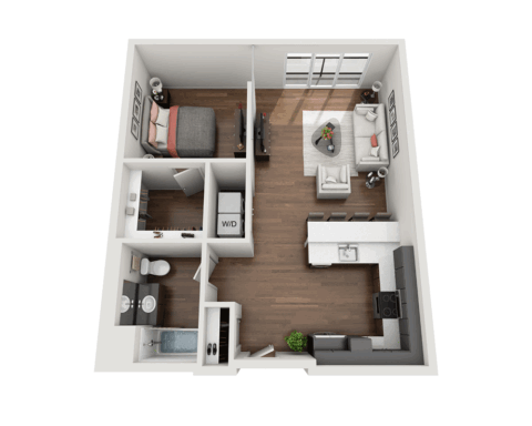 3D floor plan of a one-bedroom apartment with an open-concept kitchen and living room, a bathroom, a bedroom with a bed and nightstands, a walk-in closet, and washer/dryer area. Wood flooring throughout.