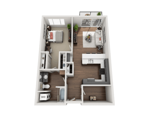3D floor plan of a one-bedroom apartment with a bathroom, laundry area, kitchen, dining space, living room, and a balcony. Bedroom and living room have large windows; washer and dryer are in a closet near the bathroom.