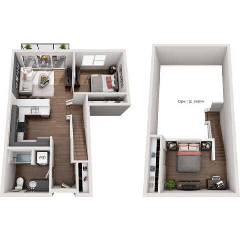 3D floor plan of a two-story apartment with two bedrooms, a living area, kitchen, bathroom, laundry, and a second-floor loft bedroom open to the space below. Balcony and large windows are visible on the main floor.