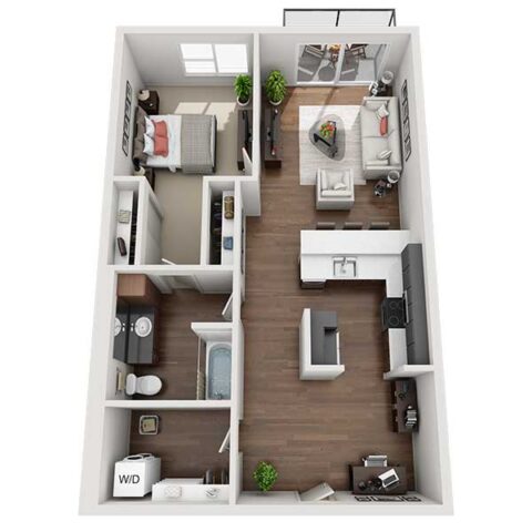 3D floor plan of a one-bedroom apartment with a living room, kitchen, dining area, bedroom, bathroom, laundry, and a small office space, featuring wood flooring and large windows in living and bedroom areas.
