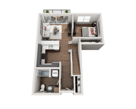 3D floor plan of a one-bedroom apartment with a bedroom, bathroom, kitchen, living area, washer/dryer, entryway, and a balcony with plants. The layout features wood floors and modern furnishings.