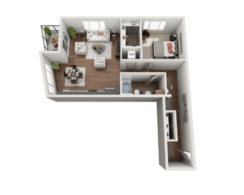 3D floor plan of a one-bedroom apartment showing a living room, dining area, kitchen, bedroom, bathroom, laundry area (W/D), and a small balcony with plants. The layout features wood flooring and modern furnishings.
