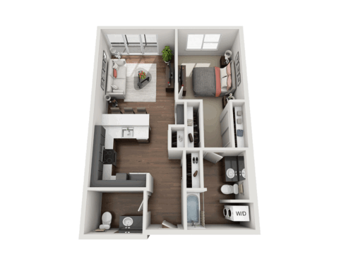 3D floor plan of a two-bedroom, one-bath apartment with a kitchen, living room, and washer/dryer area. Features wood flooring, two beds, a sofa, a desk, and large windows in the bedrooms and living room.