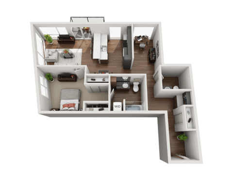 3D floor plan of an apartment with two bedrooms, one bathroom, an open kitchen and living area, a laundry closet with washer and dryer, and a small office space. Wood and carpet flooring throughout.