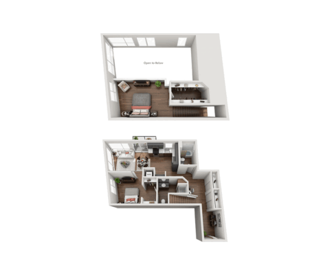 3D floor plan of a two-story apartment featuring an upstairs bedroom, sitting area, and bathroom, and a downstairs with two bedrooms, a kitchen, living room, dining area, and two bathrooms.