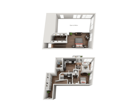 3D floor plan showing a two-story apartment. The upper floor has a bedroom and open space overlooking below. The lower floor includes a kitchen, dining area, living room, bathroom, bedroom, and additional small rooms.