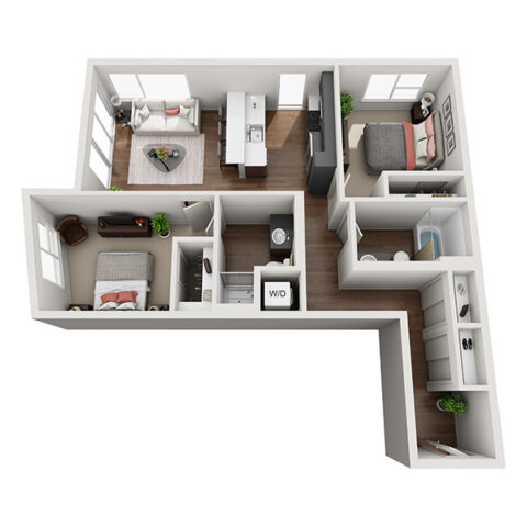 3D floor plan of a two-bedroom apartment with an open living room and kitchen, one bathroom, laundry area with washer and dryer, closets, and windows in each room. Modern furniture layout is shown.
