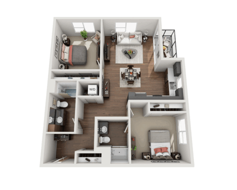3D floor plan of a two-bedroom, two-bathroom apartment with a living room, kitchen, dining area, laundry closet, and balcony. Bedrooms are at opposite ends, each with windows and closets.