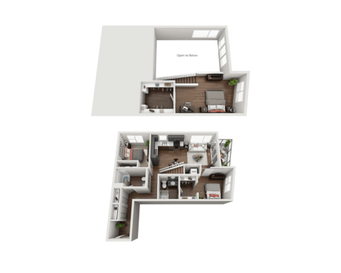 3D floor plan of a two-story apartment with bedrooms, bathrooms, kitchen, living area, staircase, and an open-to-below space, all shown with modern furniture and wood flooring.