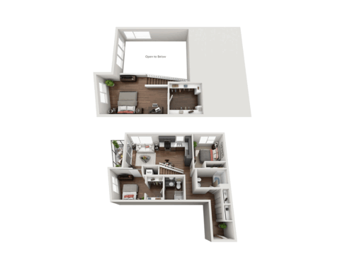 3D floor plan of a two-story apartment, featuring an open living room, kitchen, bedroom, and two bathrooms on the lower floor; the upper floor has an open loft area overlooking the lower level.