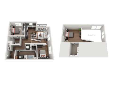 3D floor plan of a two-story apartment with three bedrooms, two bathrooms, kitchen, living area, and staircase. The upper floor has a bedroom, bathroom, and open space overlooking the living room below.