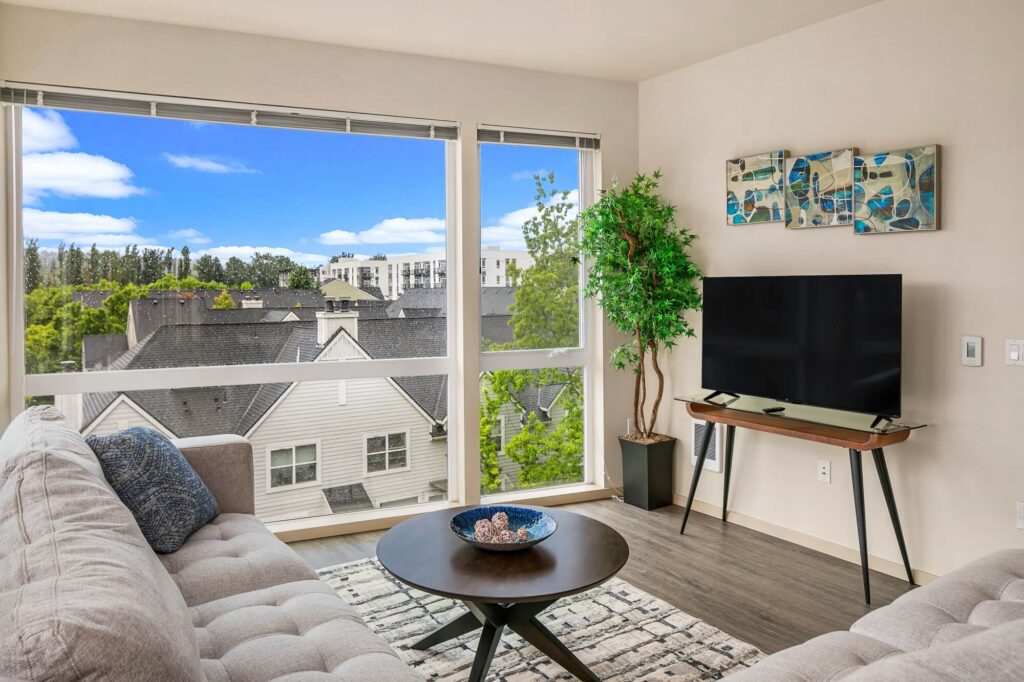 Modern living room with a large window showing rooftops and trees, a sofa, round coffee table, potted plant, flat-screen TV on a stand, and abstract art on the wall. Bright, natural light fills the space.