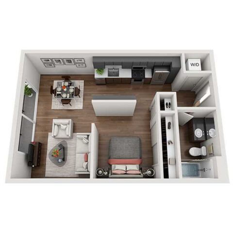 3D floor plan of a one-bedroom apartment featuring an open living and dining area, kitchen, bedroom, bathroom, closet space, and an in-unit washer and dryer. Neutral colors and modern furnishings are used throughout.