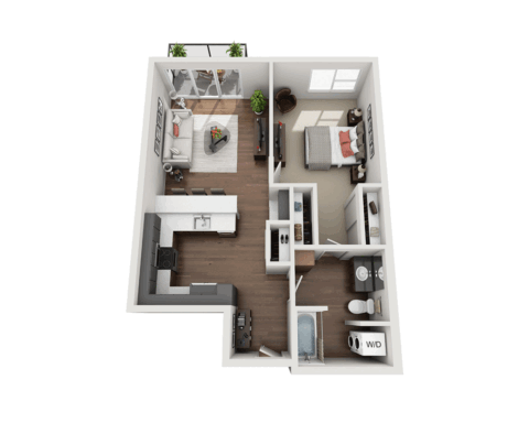 3D floor plan of a modern one-bedroom apartment featuring an open living room, kitchen, dining area, bedroom, bathroom, laundry area with washer and dryer, closet space, and large windows with plants.
